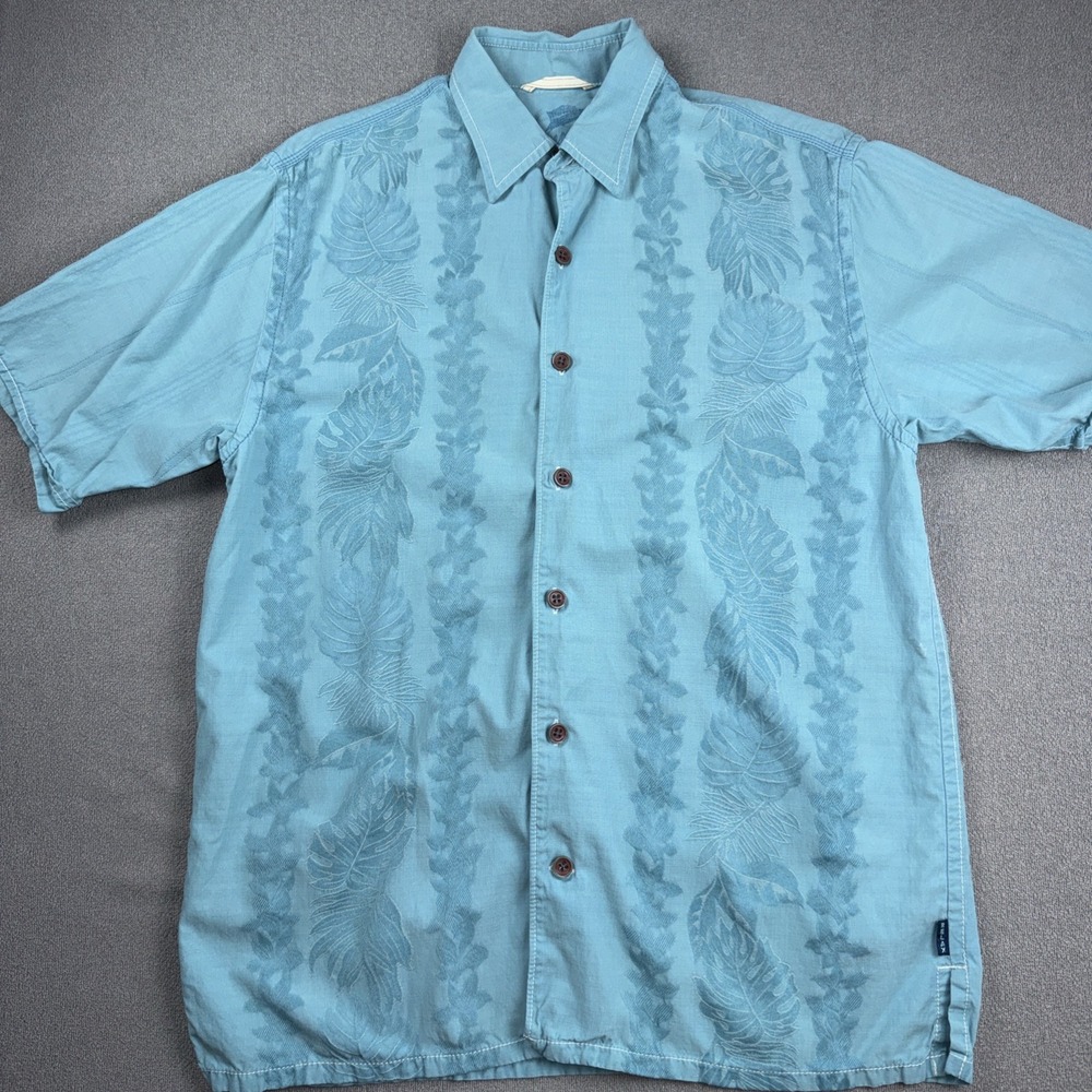 Tommy Bahama Shirt Mens Small Blue 60% Silk Floral Embroidered Hawaiian Shirt